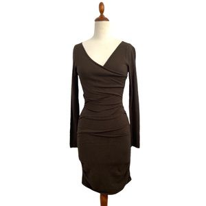 Express Deep Green V-Neck Wrap - Drape Dress with Ruching
